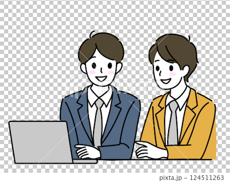 隣同士でパソコンを使って打ち合わせをするビジネスマン 124511263