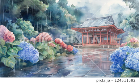 梅雨の雨に濡れる青紫のアジサイと日本庭園の風情ある美しい寺院の水彩