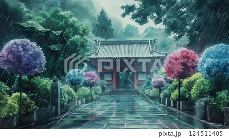 雨に煙る初夏の寺院としっとり濡れた青紫色のあじさいが彩る水彩風景イラスト素材 124511405