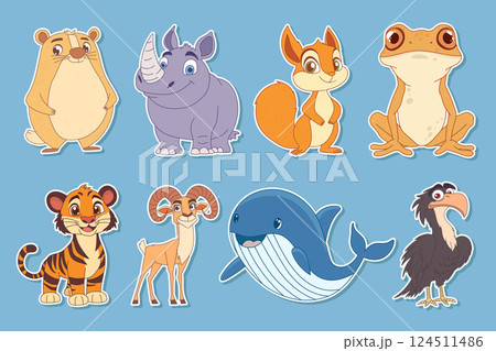 Cartoon-style illustration showcasing a variety of animals including mammals, amphibians, and birds set against a bright blue background. 124511486