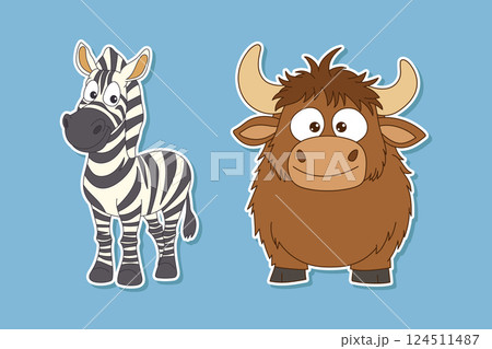 Cartoon Zebra and Yak: A charming illustration featuring an animated zebra with classic stripes and a fluffy yak with prominent horns. 124511487