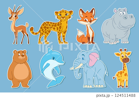 Animated Stickers: A delightful collection of animal cartoon characters perfect for any occasion, featuring a diverse group of creatures. 124511488