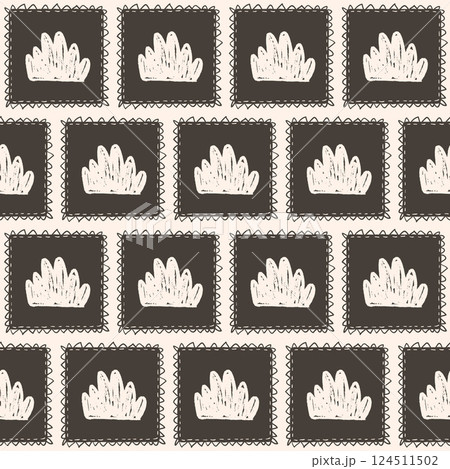 Grass seamless pattern. Linocut block print floral stencil on vintage frames allover background. Rectangle marker drawn repeat cover. Vector hand drawn monochrome spring motif 124511502