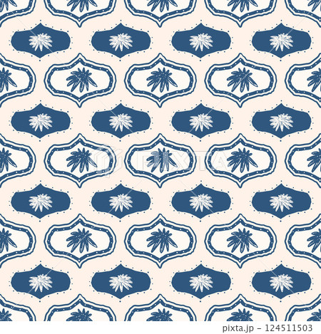 Flowers seamless pattern. Damask floral stencil allover background. Ogee daisy crayon drawn repeat cover. Surface pattern design spring motif. Vector hand drawn monochrome illustration 124511503