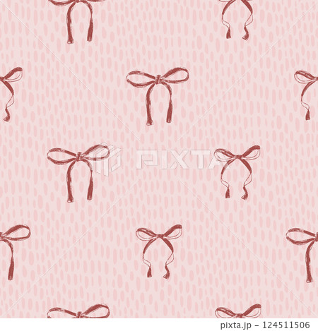 Coquette bows seamless pattern. Retro bowknotes girly endless background. gift ribbons repeat cover. Party crayon drawn continuous ornament.Vector hand drawn illustration 124511506