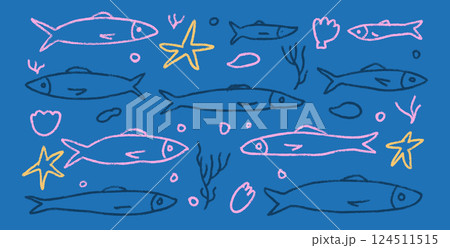 Fishes line doodle set. Sardines hand drawn scribble School of fish in the sea. Vector colorful nautical illustration by pencil isolated. Crayon or chalk naive underwater life Fishes line doodle set. Sardines hand drawn scribble School of fish in the sea. Vector colorful nautical illustration by pencil isolated. Crayon or chalk naive underwater life 124511515