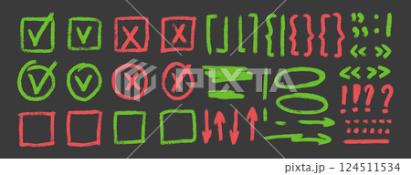 Check marks, arrow doodle set. Marker underlines, quotation marks, brackets and signs. Scribble pencil emphasis note highlights. Vector hand drawn collection illustration isolated on dark background Check marks, arrow doodle set. Marker underlines, quotation marks, brackets and signs. Scribble pencil emphasis note highlights. Vector hand drawn collection illustration isolated on dark background 124511534