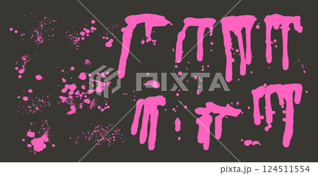 Graffiti art spray splatters set. Grunge urban street grafitti splashes and drips. Paint spots and blob shapes. Collage smudge bold pink color elements. Dirty liquid spatters. Vector hand drawn decor Graffiti art spray splatters set. Grunge urban street grafitti splashes and drips. Paint spots and blob shapes. Collage smudge bold pink color elements. Dirty liquid spatters. Vector hand drawn decor 124511554