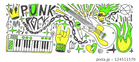 Rock and roll music crayon drawn set. Punk festival doodle background. Neon grunge music concert flyer elements. Guitar, electronic piano horns, crown and sketch graffiti art. Vector illustration 124511570