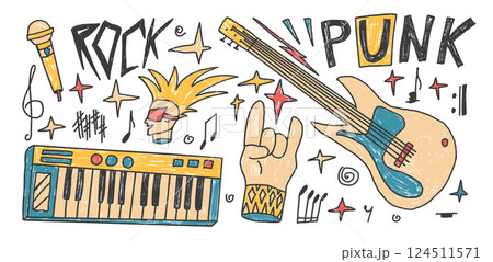 Rock n roll music crayon drawn set. Punk festival doodle. Scribble grunge music concert elements. Guitar, electronic piano horns, font and sketch graffiti art. Vector illustration 124511571