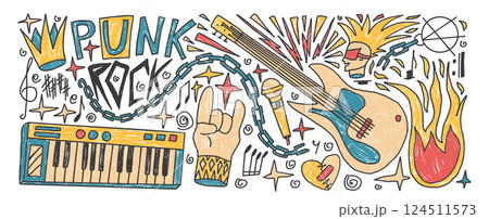 Rock n roll music party crayon drawn set. Punk festival doodle background. Scribble grunge music concert flyer elements. Guitar, electronic piano horns, crown sketch graffiti art. Vector illustration 124511573