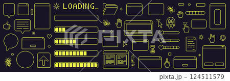 Pixel art retro windows interface. 8 bit text boxes with loading, cursors, arrow. Yellow stroke console folder. Digital game document in retro 80s style. Vector set illustration Pixel art retro windows interface. 8 bit text boxes with loading, cursors, arrow. Yellow stroke console folder. Digital game document in retro 80s style. Vector set illustration 124511579