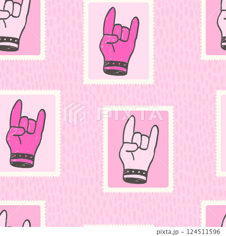 Horns postage stamp seamless pattern. Punk rock hand sign on frame marker endless background. Crayon continuous ornament. Surface pattern design rock and roll motif. Vector hand drawn illustration 124511596