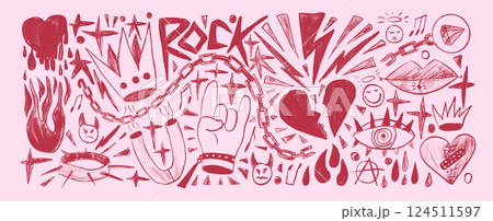 Rock and roll girly crayon drawn set. Punk coquette breaking heart doodle background. Scribble grunge poster elements. Heart, crown and sketch graffiti art. Vector by pencil isolated illustration Rock and roll girly crayon drawn set. Punk coquette breaking heart doodle background. Scribble grunge poster elements. Heart, crown and sketch graffiti art. Vector by pencil isolated illustration 124511597