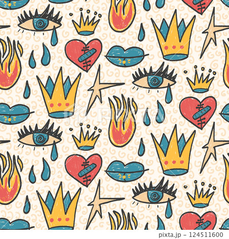 Crayon girly seamless pattern. Graffiti doodle marker endless background. Naive scribble fire, crown and eyes repeat cover. Vector hand drawn scribble illustration 124511600