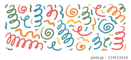 Colorful crayon drawn squiggles and spirals lines. Hand drawn kids party confetti. Brush stroke linear doodle elements set isolated on white background. Scribble party celebration decoration. Colorful crayon drawn squiggles and spirals lines. Hand drawn kids party confetti. Brush stroke linear doodle elements set isolated on white background. Scribble party celebration decoration. 124511619