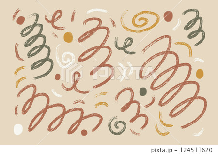 Wax crayon neutral colors wave lines and circles. Hand drawn japandi wall interior art set. Vector grunge brush strokes and dots collection. Twisted spirals drawn with marker on beige background 124511620