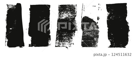 Grunge eroded line textures set. Ink roller background. Vintage rectangles imprint. Dry black brayer striped isolated on white background. Painted relief stains. Vector lino eroded wide dirty form 124511632