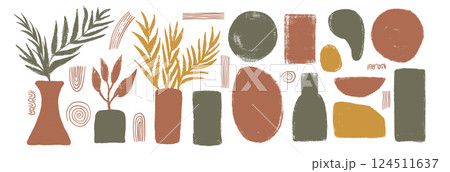 Vase with plant silhouette crayon set. Flowerpot with leaves chalk and boho arch and text box shapes. Vector hand drawn terracotta and sage collection illustration isolated on white background 124511637