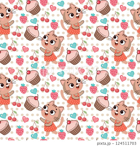 Cute seamless pattern with bunny, cupcake and berries. Cute seamless pattern with bunny, cupcake and berries. 124511703