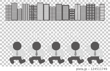 Monochrome businessman pictogram running in front of an office building 124511749