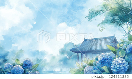 夏の青空と寺院を背景に咲く美しい紫陽花の風景 夏の青空と寺院を背景に咲く美しい紫陽花の風景 124511886
