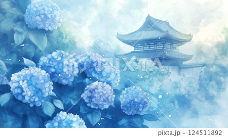 夏の青空と寺院を背景に咲く美しい紫陽花の風景 124511892