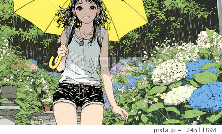 あじさいとカジュアルな服装の若い女性