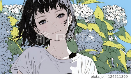 あじさいとカジュアルな服装の若い女性