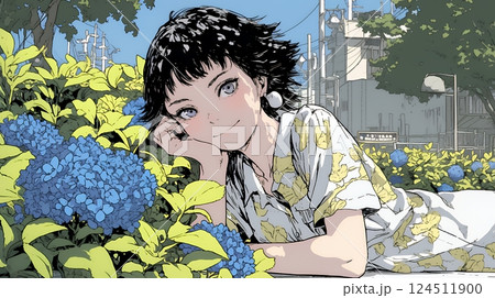あじさいとカジュアルな服装の若い女性