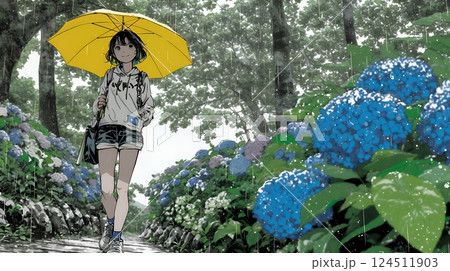 あじさいとカジュアルな服装の若い女性
