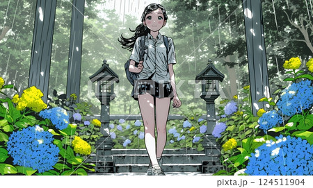 あじさいとカジュアルな服装の若い女性