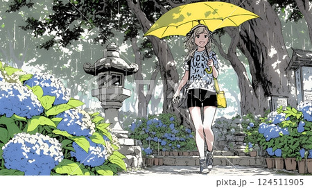 あじさいとカジュアルな服装の若い女性