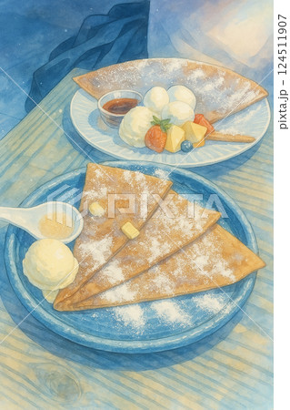 バターと粉糖が香るクレープとバニラアイスの水彩イラスト　フルーツ添えの優雅なデザートプレート 124511907