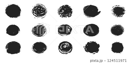 Scribble textured brush stroke ink or paint round splatter. Abstract grunge stain enso border, frame, hand drawn textured punk style asian design element 124511971