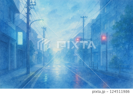 雨上がりの静寂 夕暮れに染まる無人の街並み 雨上がりの静寂 夕暮れに染まる無人の街並み 124511986