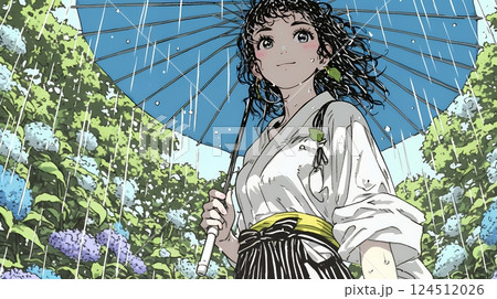 あじさいの小径を和服で歩く若い女性