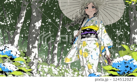 あじさいの小径を和服で歩く若い女性