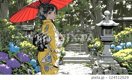あじさいの小径を和服で歩く若い女性
