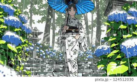 あじさいの小径を和服で歩く若い女性