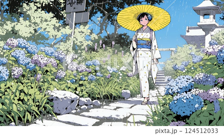 あじさいの小径を和服で歩く若い女性