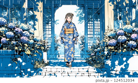 あじさいの小径を和服で歩く若い女性