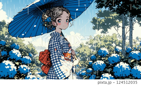 あじさいの小径を和服で歩く若い女性