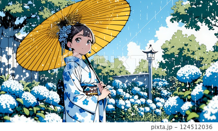 あじさいの小径を和服で歩く若い女性
