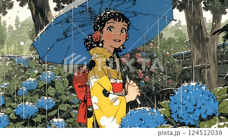 あじさいの小径を和服で歩く若い女性