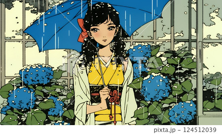 あじさいの小径を和服で歩く若い女性