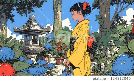 あじさいの小径を和服で歩く若い女性