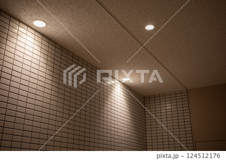 タイル張りの壁を天井のダウンライトが照らす タイル張りの壁を天井のダウンライトが照らす 124512176
