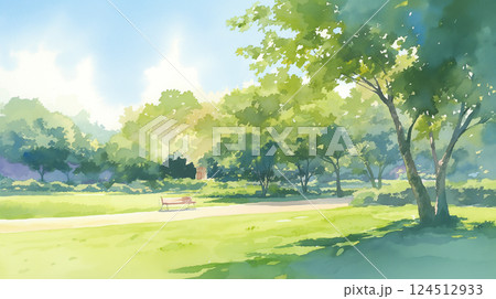 緑豊かな公園の風景・爽やかな朝の光を描く水彩背景 緑豊かな公園の風景・爽やかな朝の光を描く水彩背景 124512933