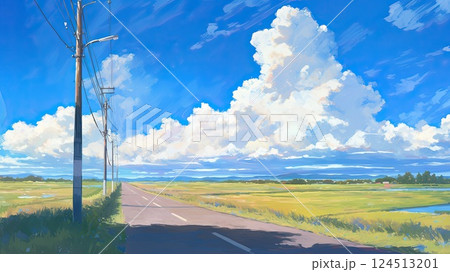 夏の空に続くまっすぐな田舎道 124513201